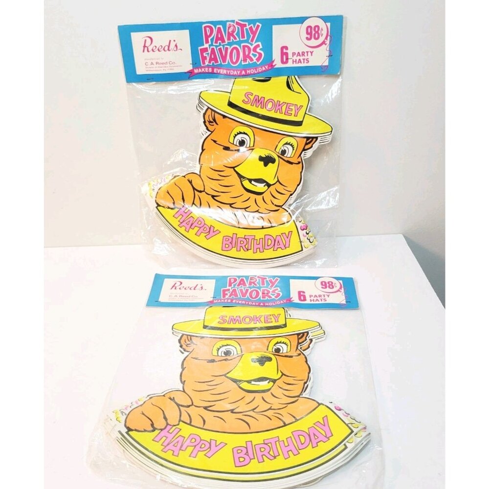 2 Vtg Reed's Smokey the Bear Party Hats Party Favors Yellow Brown Pink 6 in each
